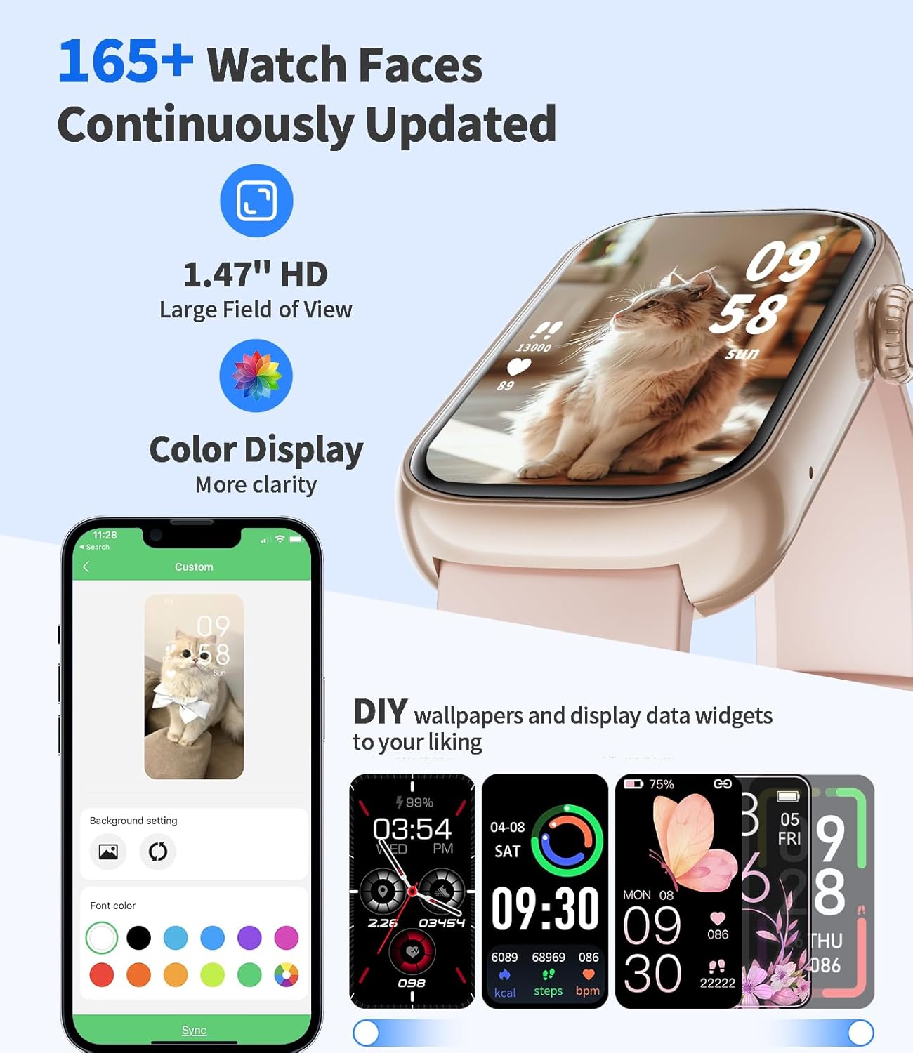 LIGE Smart Watch FV18 displaying various watch face options and customization