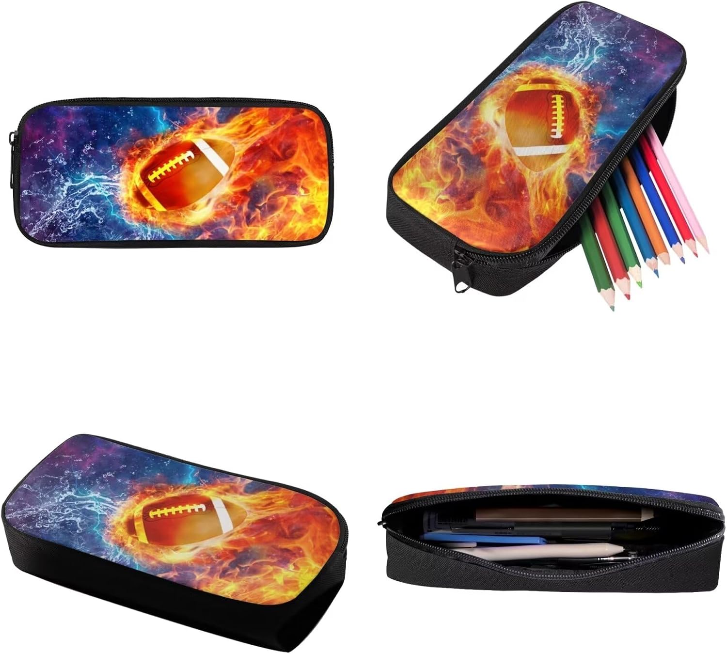 Xoenoiee Fire Water American Football Galaxy Print 3Pcs Bookbag+Lunch Box+Pencil Bag for Students 17in Large School Bag Backpack Set for Boys Girls Back To School