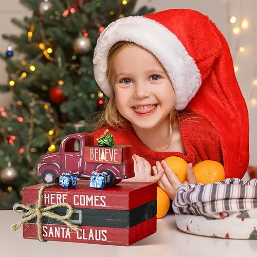 Miniatura 3 de Smile Christmas - Pila de libros de madera de Navidad, paquete de libros falsos de trineo con cinturón de Papá Noel, decoraciones de bandeja