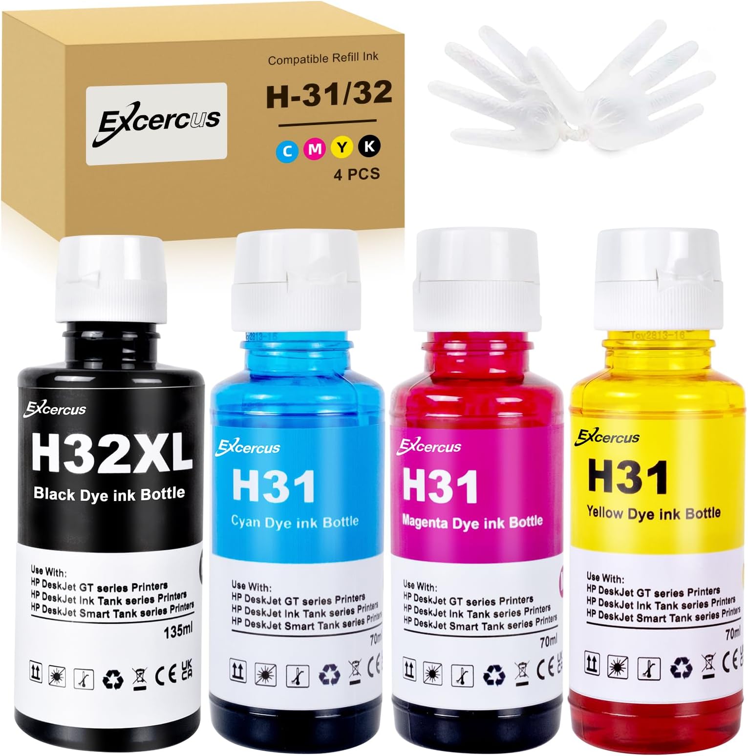 Ink Bottle 31 32XL Compatible with HP Smart Tank 5000 5101 502 510 513 750 755 790 5105 6005 7001 Printers (135ML 32XL Black Ink, 70ML 31 Color Ink)