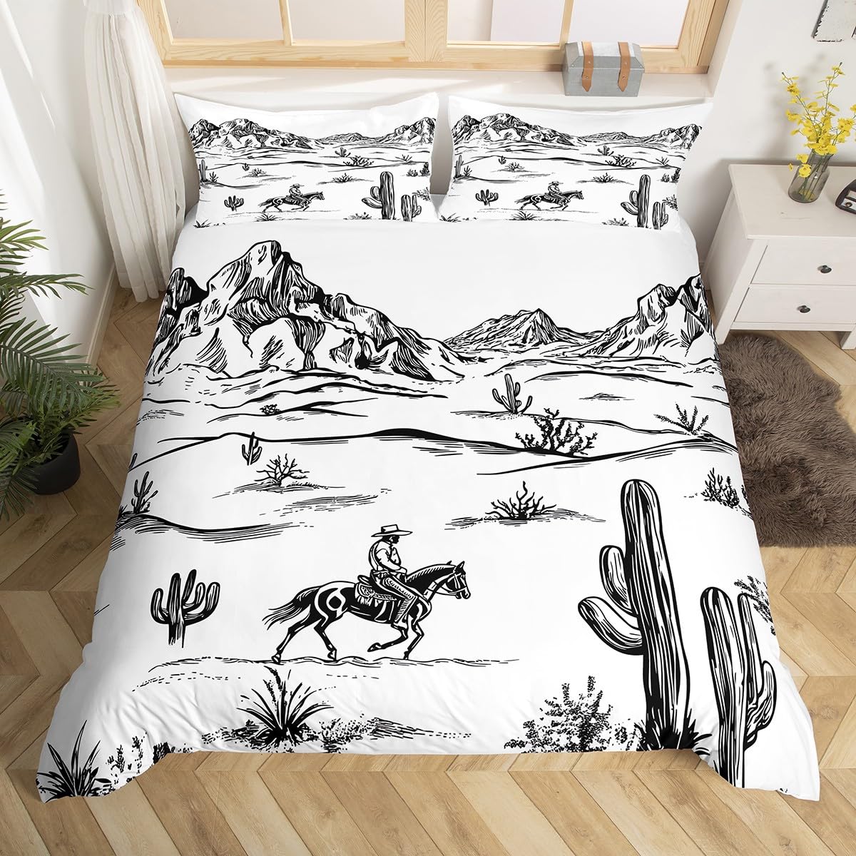 Western Duvet Cover Toddler Size for Kids Boys Teens,Cowboy Desert Adventure 2 Pieces Duvet Cover,Tropical Cactus Plants Soft Comforter Cover (Not Comforter),Hand Drawn Landscape Quilt Cover