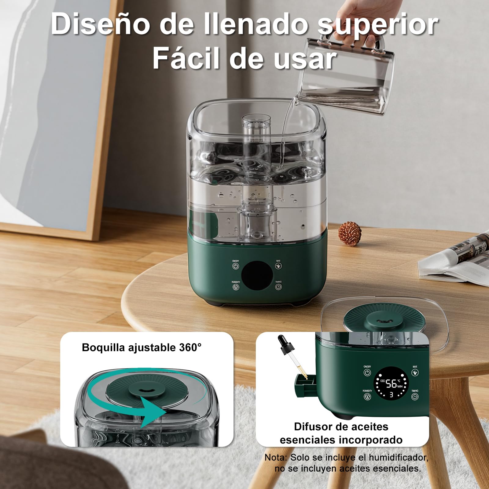 Humidificador de aire 5L Boquilla 360° Bandeja de Aroma verde