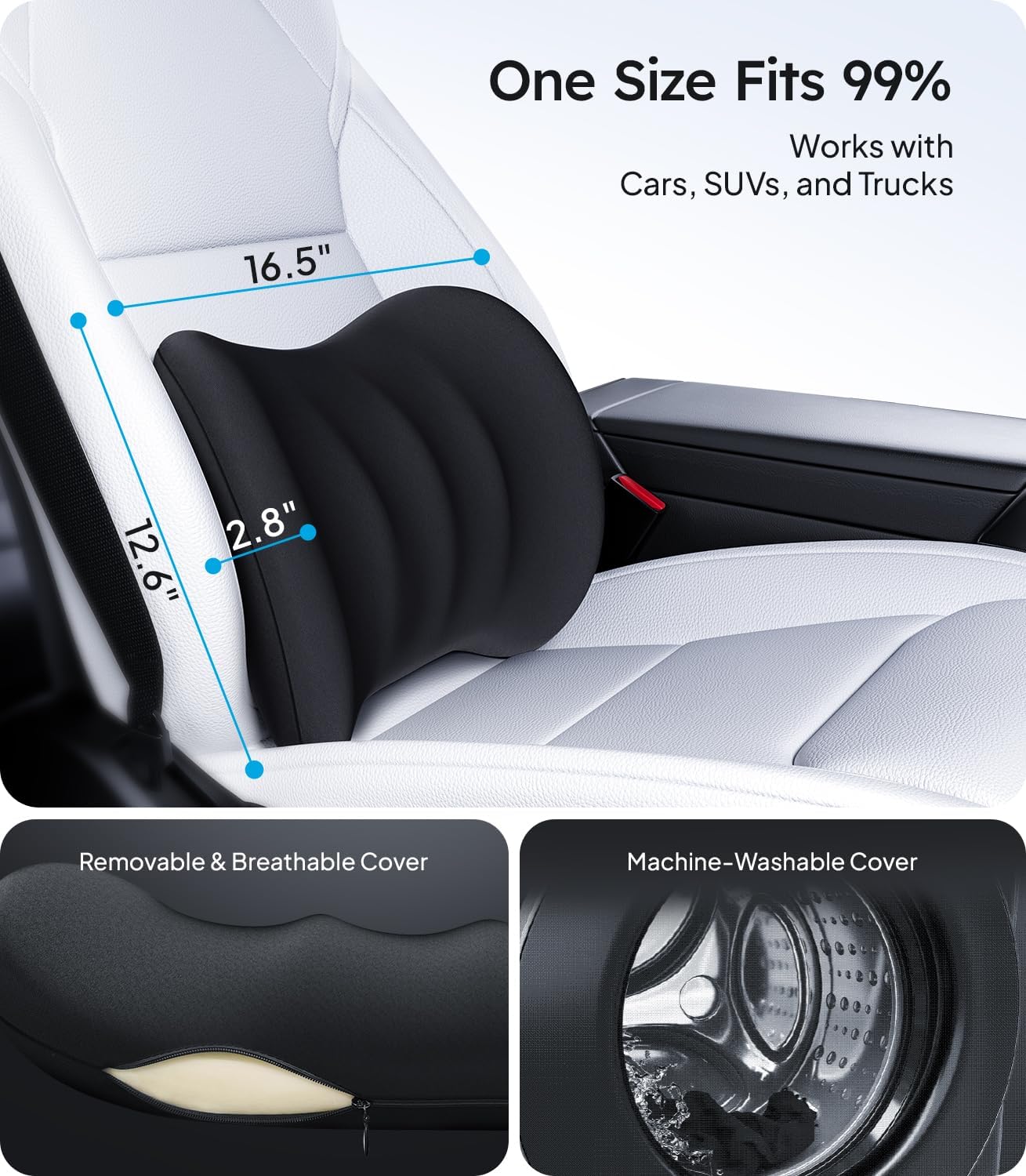 Wigoo 2026 Lumbar Support Pillow for Car [Ergonomic Design, Pressure Relief] Back Cushion for Driving Seat, Back Support Pillow for Car-Office Chair, Fits All Vehicles (Black 1-Pack) - Image 6