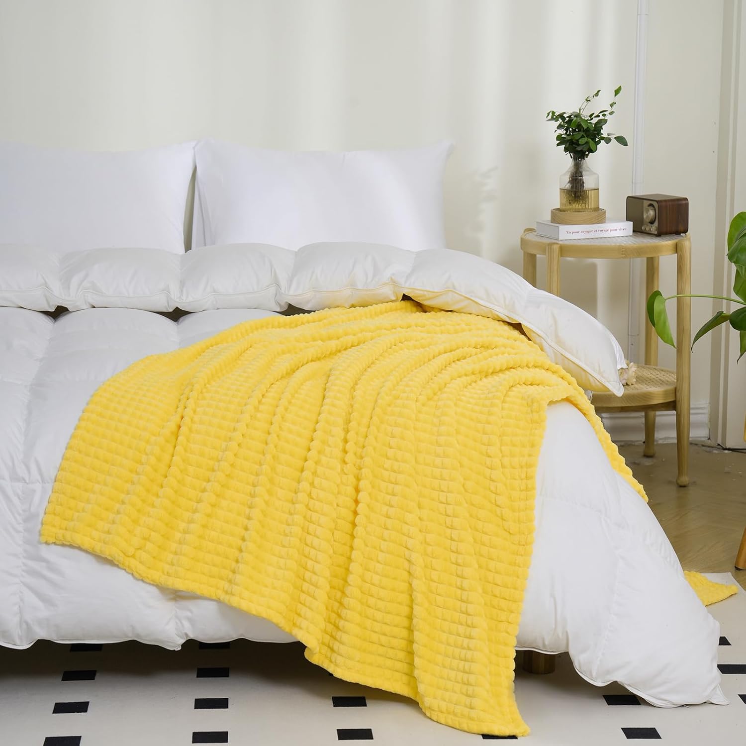 Puncuntex Yellow Throw Blanket 50"×60",Super Soft Flannel Fleece Plush Cozy Blanket with 3D Jacquard Square Grid Design Luxury for Couch Sofa Chair - Image 3