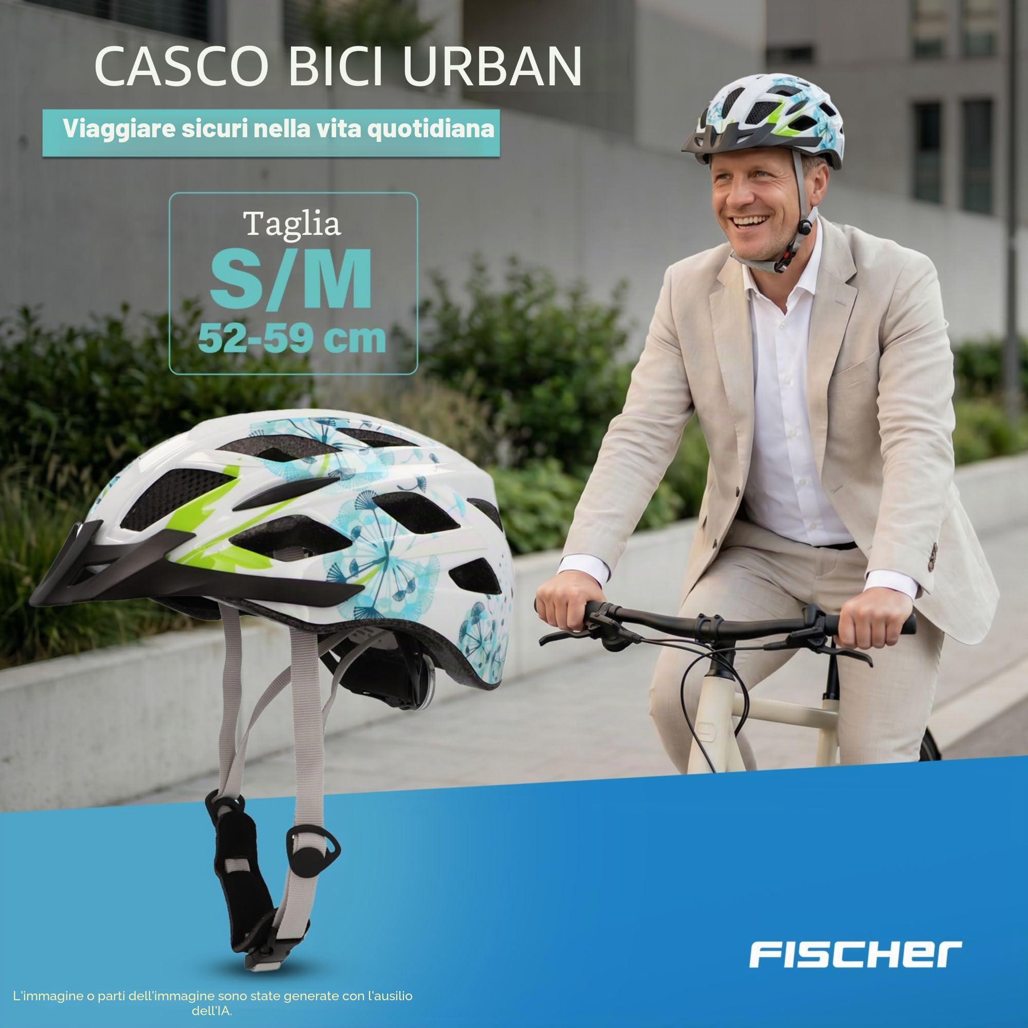 FISCHER adulti Urban Flowers Casco da bici, Blu/Bianco/Verde, S/M