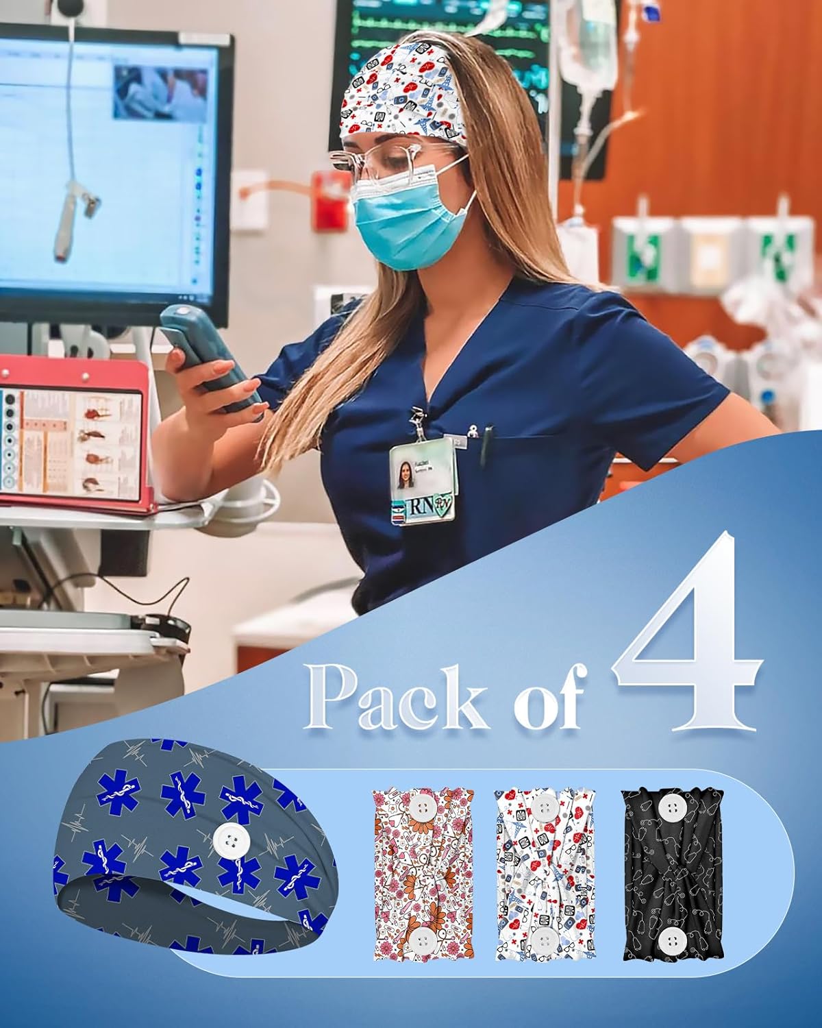 Plifal 4pcs Nurse Headbands for Women with Buttons Non Slip - Cute Hospital Doctor Nursing Sweat Wicking Head Bands, Elastic Wide Turban Soft Hair Bands Accessories for Medical Healthcare Work - Image 6