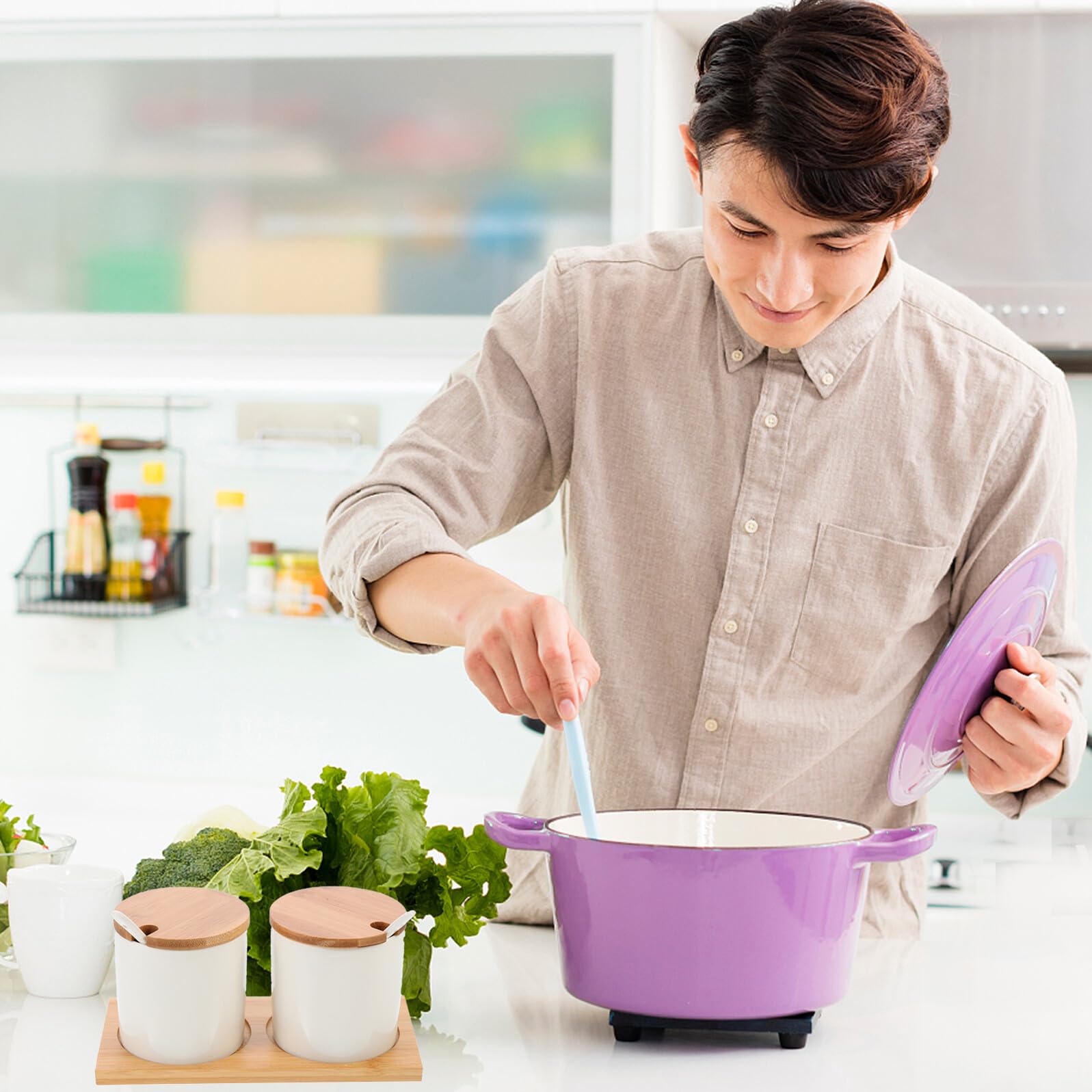 Homoyoyo Barattolo per Condimenti in Porcellana Bianco Chiusura Ermetica e Apertura con Mano per Cucina e Preparazione di Piatto
