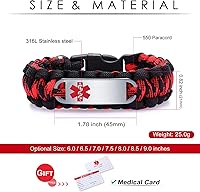 Vista 17 de Pulsera de alerta médica Paracord para hombres y mujeres Pulsera de identificación médica de acero inoxidable con hebillas de liberación lateral