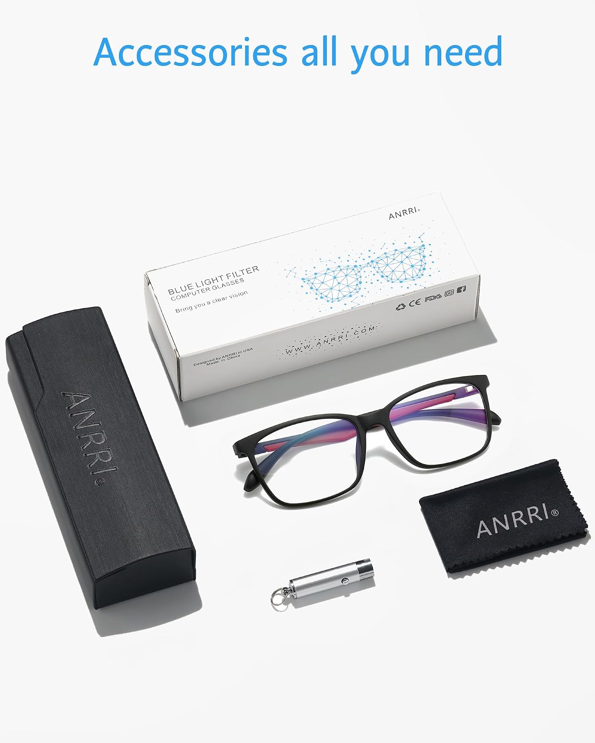 ANRRI Blue Light Blocking Glasses, Anti Eyestrain Lens Lightweight Frame Eyeglasses, Black Fream Red Temple, Men/Women…