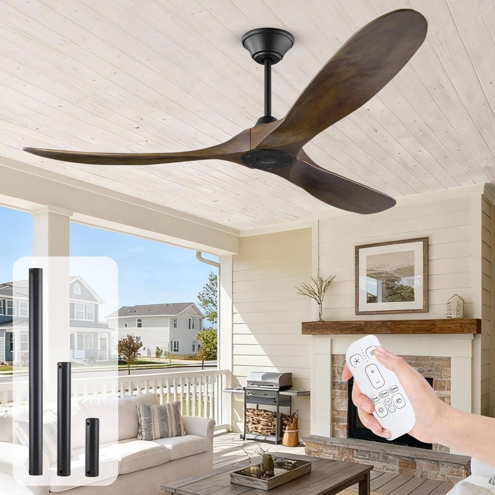 Ventilador de techo de 152cm sin luz, ventilador de techo de madera, ventilador de techo para exteriores con control remoto, motor de CC reversible de 6 velocidades, 4 Cronología