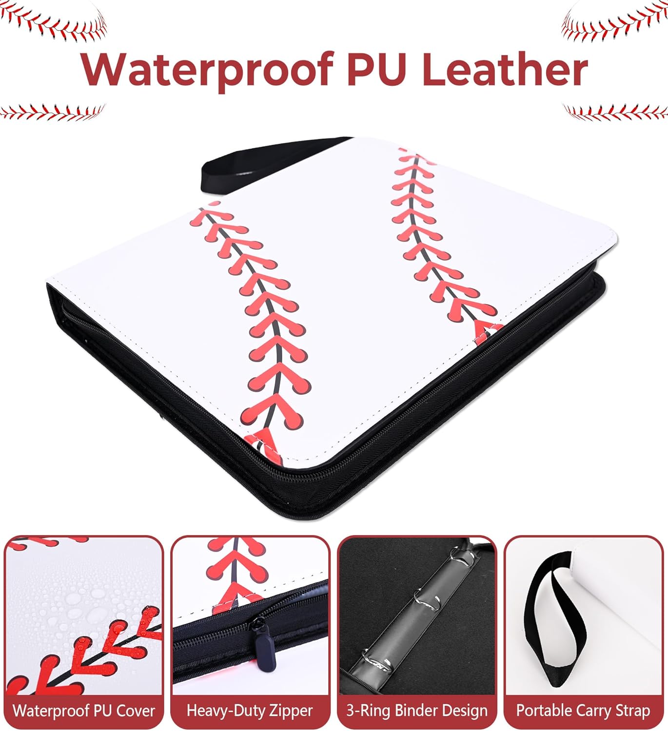 Baseball Card Binder, 9 Pocket Card Album Holds 900 Cards with 50 Removable Pages, Zippered 3-Ring Binder for TCG, Baseball, Football & Sports Cards (Red)