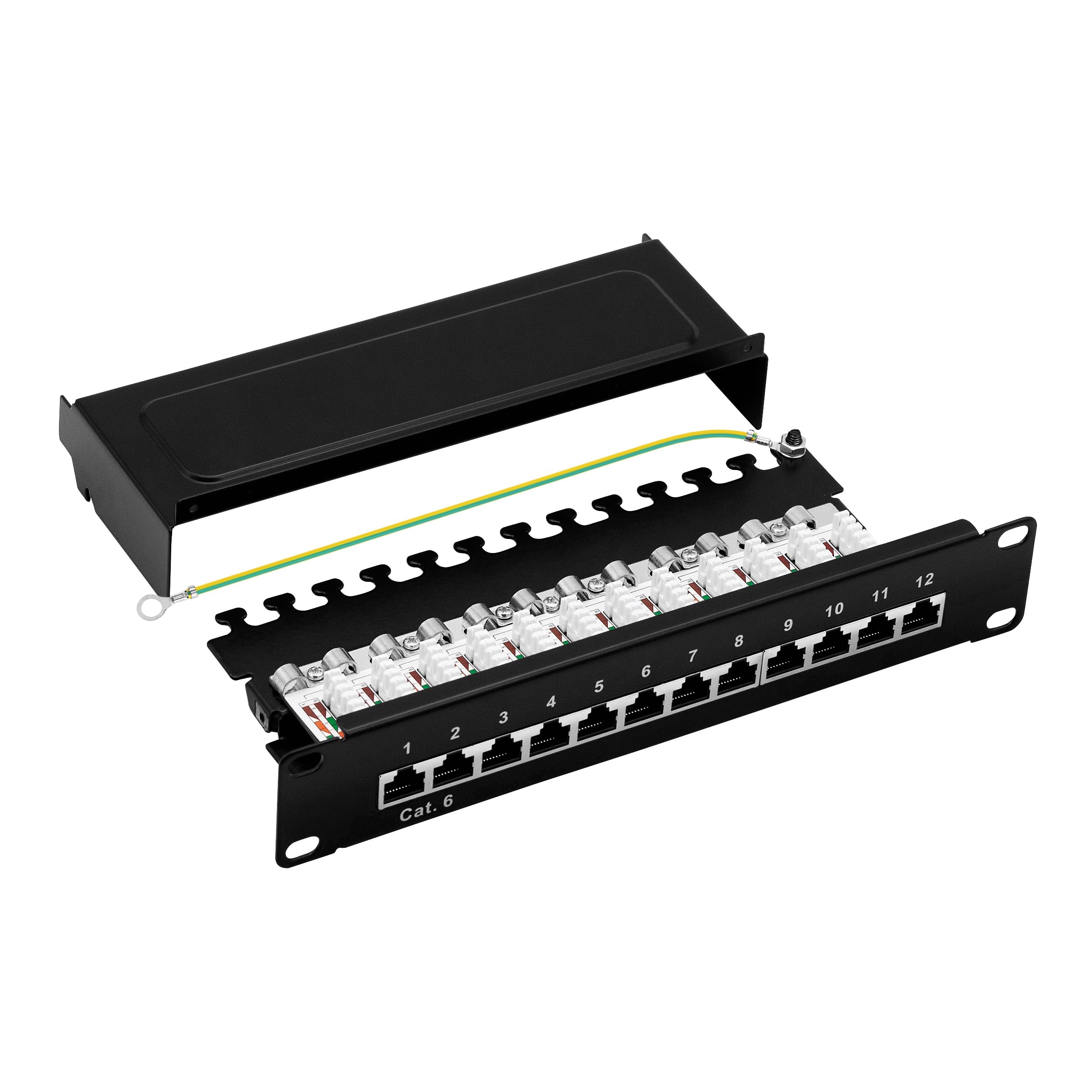 Patchpanel 10 Zoll 12 Port Cat.6 RJ45 geschirmt 1HE schwarz | Verteilerfeld, Rackeinbau, Für cat5e, cat6, cat6a, cat7, cat8, Module