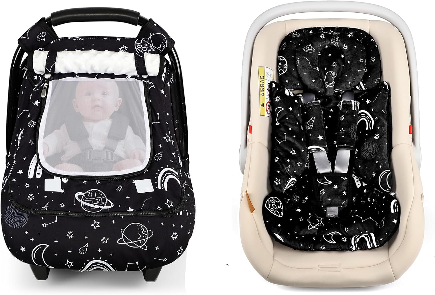 Pea Pod Pack of Black Baby Car seat Cover and Head Support Set, Ultra Soft and Warm Minky Dot Fabric, Double Sides Used