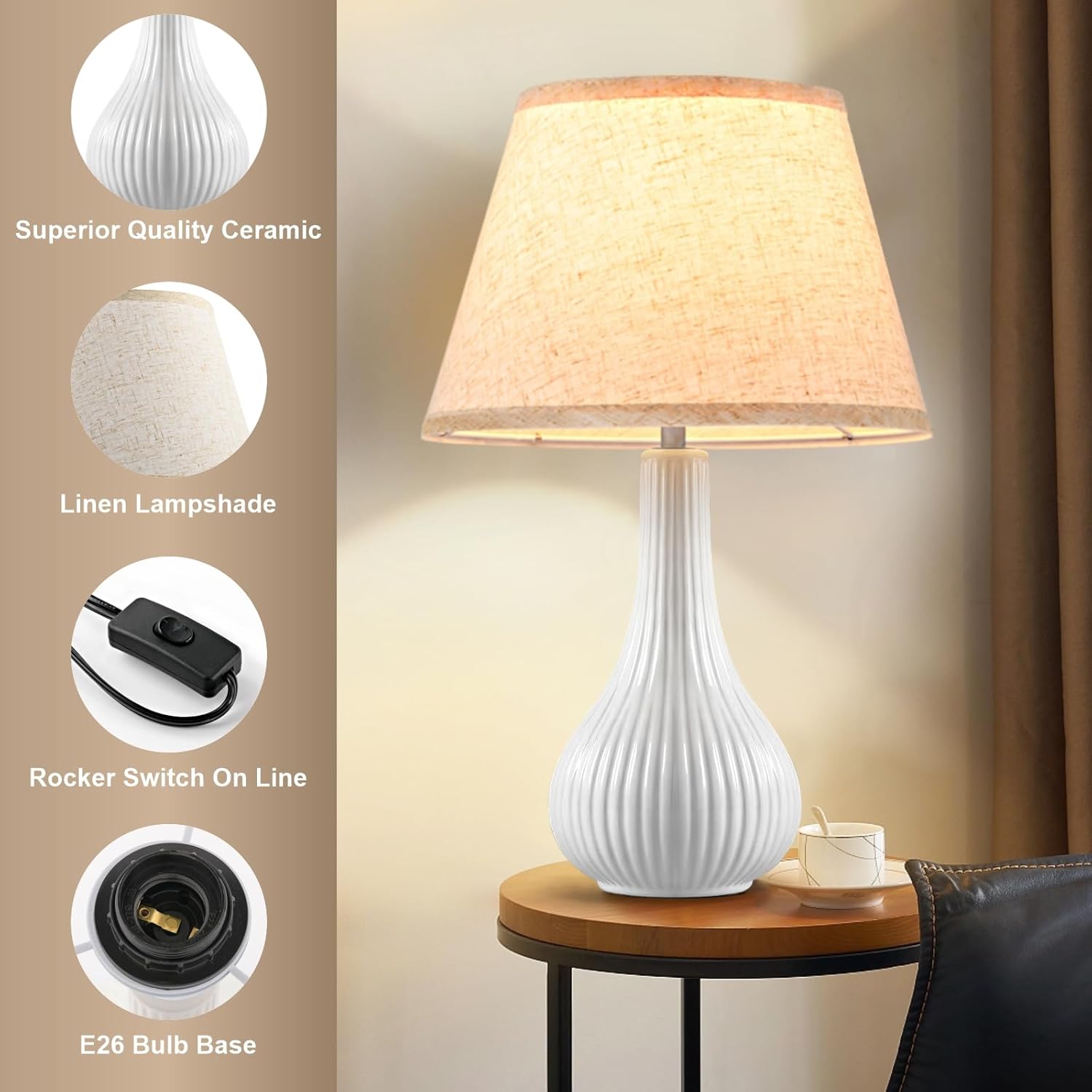 LETRY 19" Ceramic Table Lamps Set of 2 - Table Lamps for Living Room, Modern Stripe Bedside Nightstand Lamp for Bedroom, White Desk Lamp for End Table Home Decor Gifts for Women Mom Oatmeal