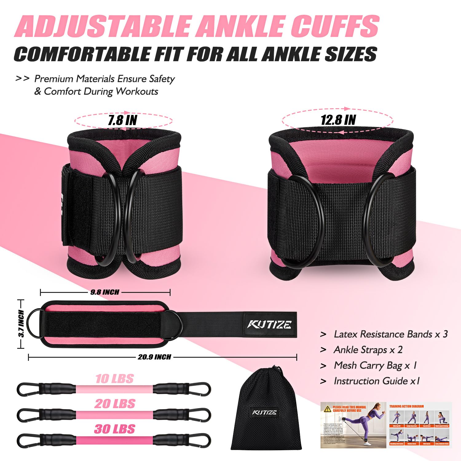 Bandas de resistencia al tobillo con puños y guía de entrenamiento, equipo de entrenamiento de piernas/glúteos para mujer para fitness en casa, bandas de ejercicio de empuje de cadera
