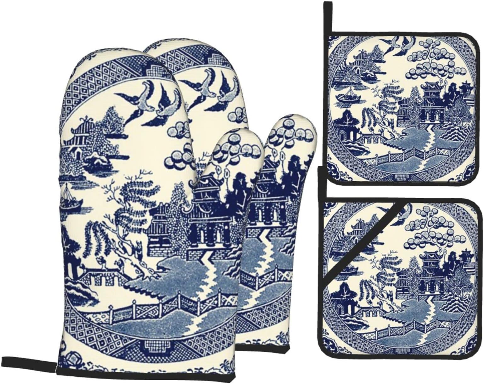 China Blue Willow 4 Pcs Set Oven Mitts and Pot Holders Heat Resistant Oven Gloves and Hot Pads for Baking Cooking