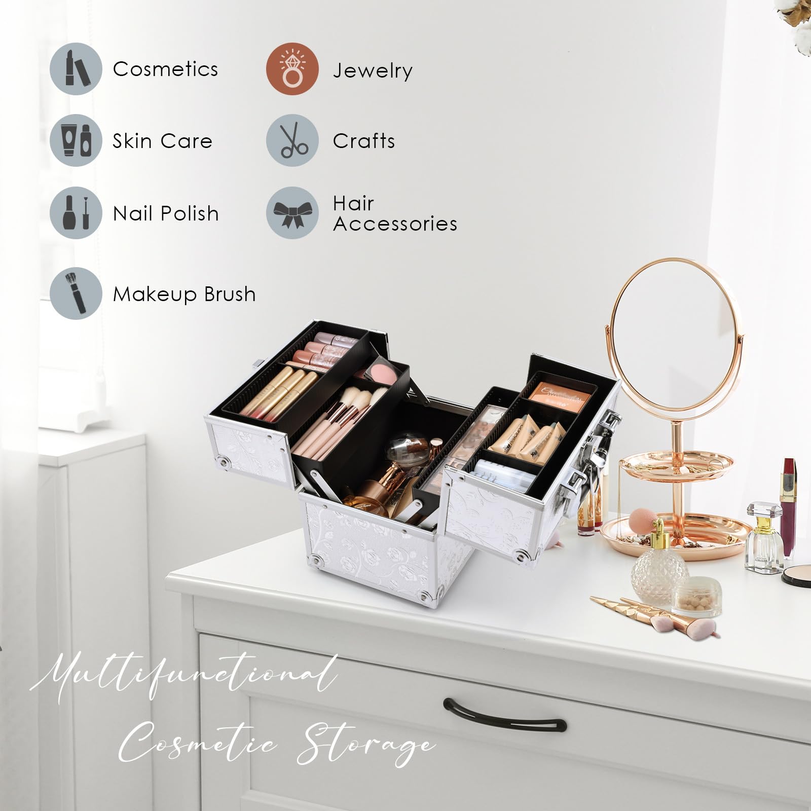 Valigetta Trucchi Valigetta Per Cosmetici Valigia Trucchi y 4 Vassoi Makeup Case Valigetta Unghie Beauty Case Cofanetto Organizzatore Trucco da Viaggio Professionale, Rosa d'argento