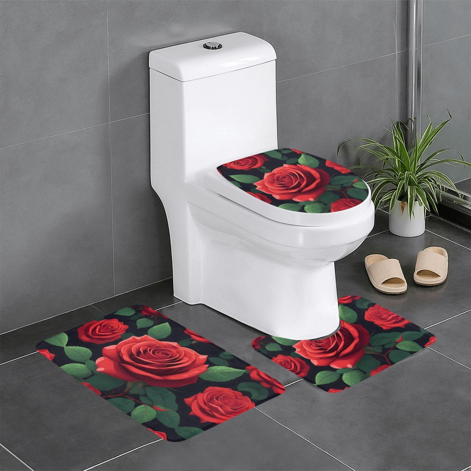 Tapis de salle de bain fleurs rouges lot de 3 pièces contour WC ovale et rectangle