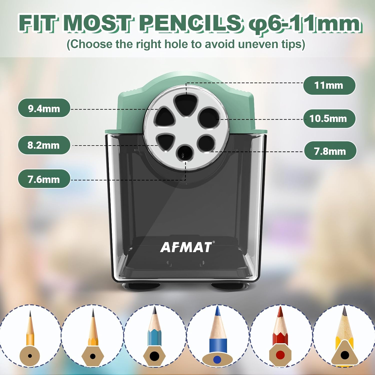 AFMAT Electric Pencil Sharpener for 6-11mm Pencils, 6 Holes, Heavy Duty Pencil Sharpener for Classroom, Auto Stop Pencil Sharpeners Plug in, 10,000+ Sharpenings, Save Colored Pencils, PSX4