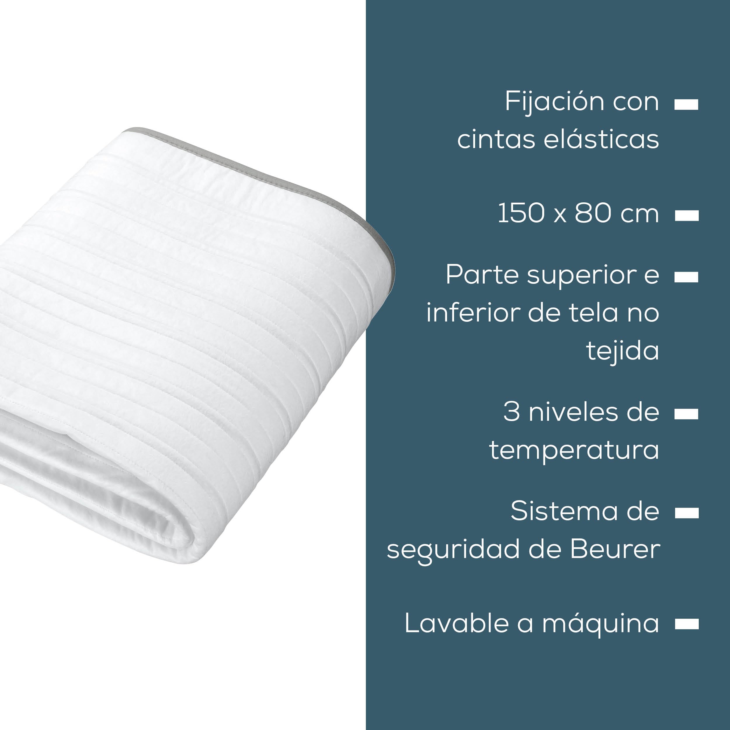Beurer TS 17 Calientacamas eléctrico, Material no Tejido Suave, Antideslizante Gracias a la fijación con Cinta elástica, 3 Niveles de Temperatura, 150 x 80 cm, Sistema de Seguridad
