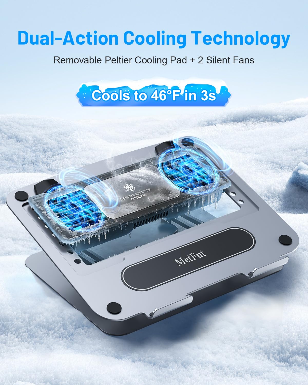 METFUT Soporte de refrigeración para portátil con Enfriador termoeléctrico Desmontable, Altura y ángulo Ajustables, Base de rotación de 360 Grados, Marco de Acero al Carbono, Ultra silencioso y súper