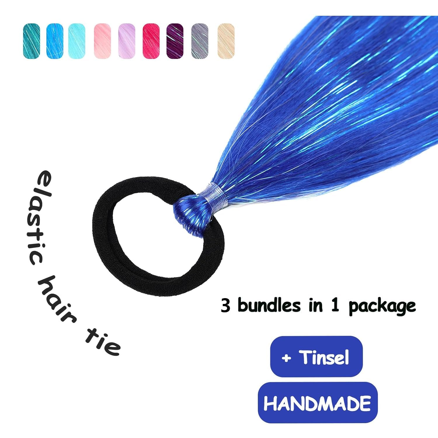 PORSMEER 3 Pack 24 Inch Hair Tinsel Colored Braided Ponytail Extension Gradient Hair Extensions with Elastic Tie Straight Sleek Wrap Around Hair for Braids (royal blue) - Image 3