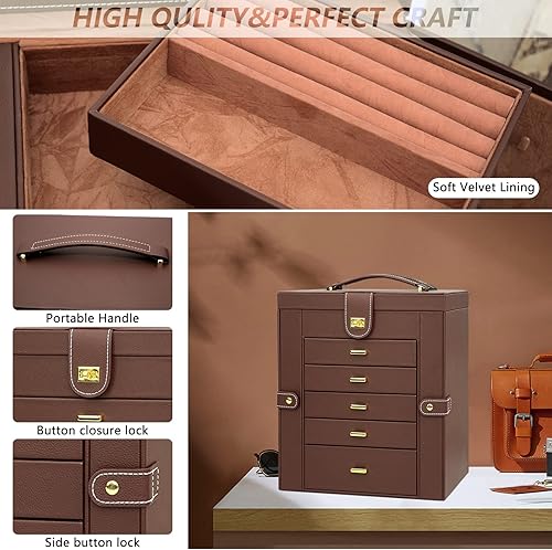 Miniatura 6 de AKOZLIN - Organizador de joyas grande de 6 niveles, con cerradura, funcional y enorme, con 5 cajones, de cuero, para mujeres y niñas, para anillos,