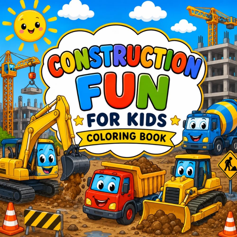 Construction Fun for Kids: Construction Vehicles, Dump Trucks, Bulldozers and Excavators Coloring Book for Ages 3-6