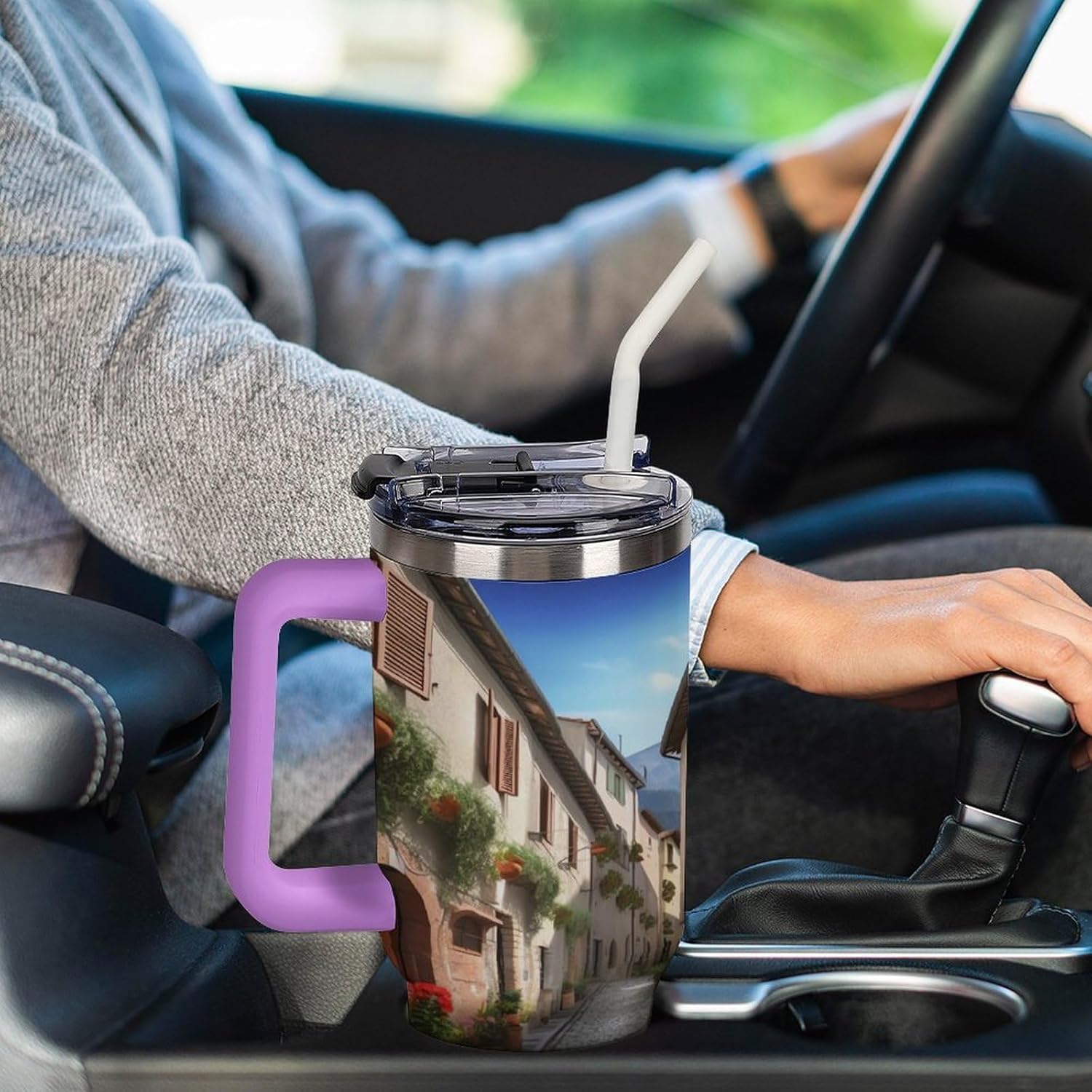 Italian Town Street Travel Coffee Mug Reusable Durable Stainless Steel Insulated Tumbler with Handle And Straw Leak Resistant Portable Thermal Cup Gifts for Men Women 40 Oz