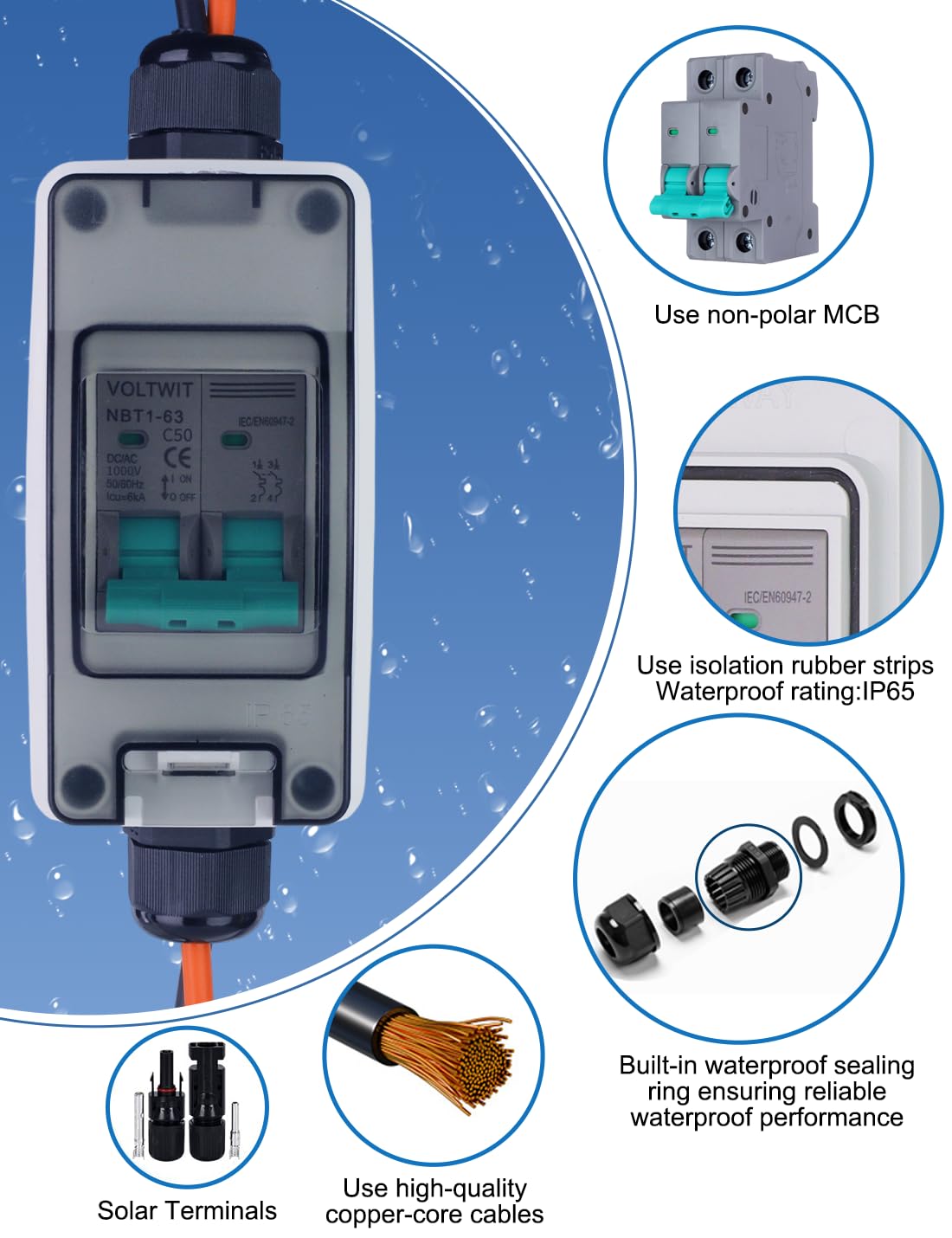 VOLTWIT Solar Disconnect Switch with Circuit Breaker，IP65 Outdoor,Overload Protection，for Solar Panel System, Battery, Inverter,1000V 50A