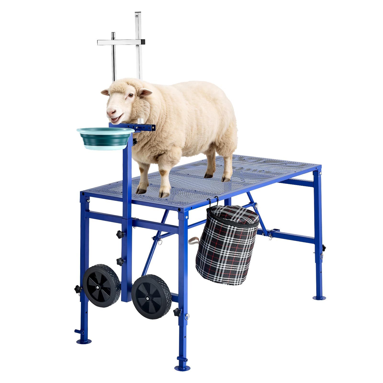 VEVOR Supporto per Mungitura Capre, Piattaforma Metallica Pieghevole con Contenitore per Mangime e Ruote, Testiera Regolabile e Cestino Porta Attrezzi, per Toelettatura e Pareggio Zoccoli Bestiame