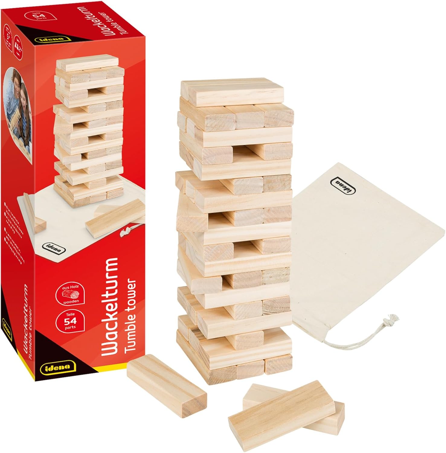 Idena 40087-Wackelturm Wood, Skill Game with 54 Bricks and Storage Bag, Large Stacking Tower Approx. 8 x 8 x 26 cm, 40087