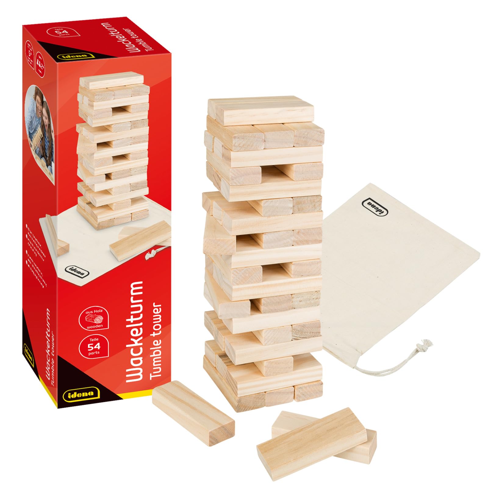 Idena 40087 - Gioco della torre Wobble in legno, gioco di abilità con 54 blocchi da costruzione e borsa per riporli, circa 8 x 8 x 26 cm torre impilabile grande