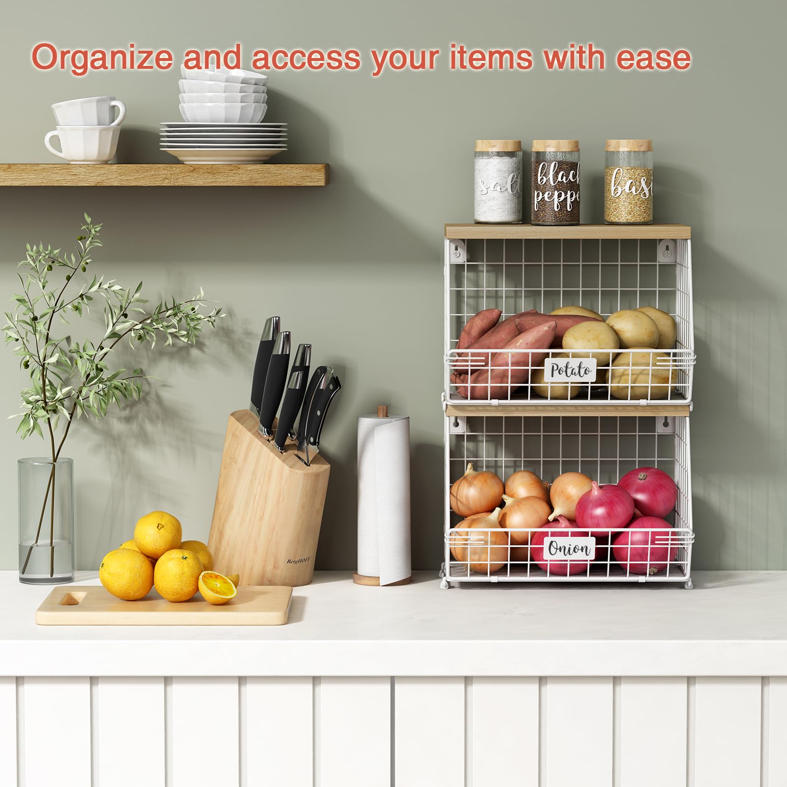Cesta de alambre blanco para almacenamiento de frutas para encimera de cocina, juego de 2, cesta de frutas de montaje en pared con estante con gancho para plátanos, organizador colgante de 2