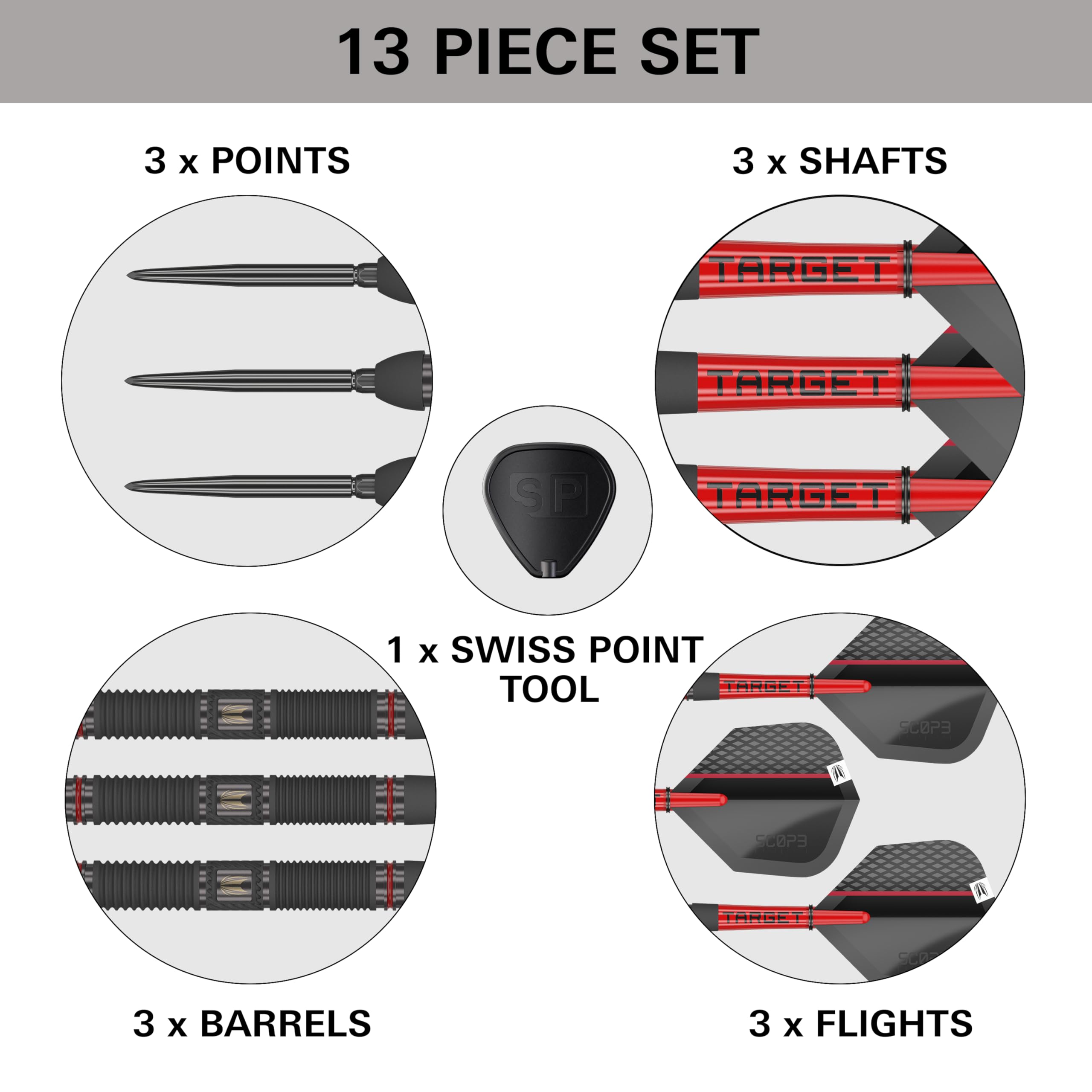 Target Darts Scope Swiss Point Steeldarts, 90% Tungsten Dart-Set | Steeldarts, Darts in Rot & Schwarz, Profi Dart-Set mit Swiss Points & Tool | Barrel 01/02/03/04 –21G/22G/23G/24G/25G