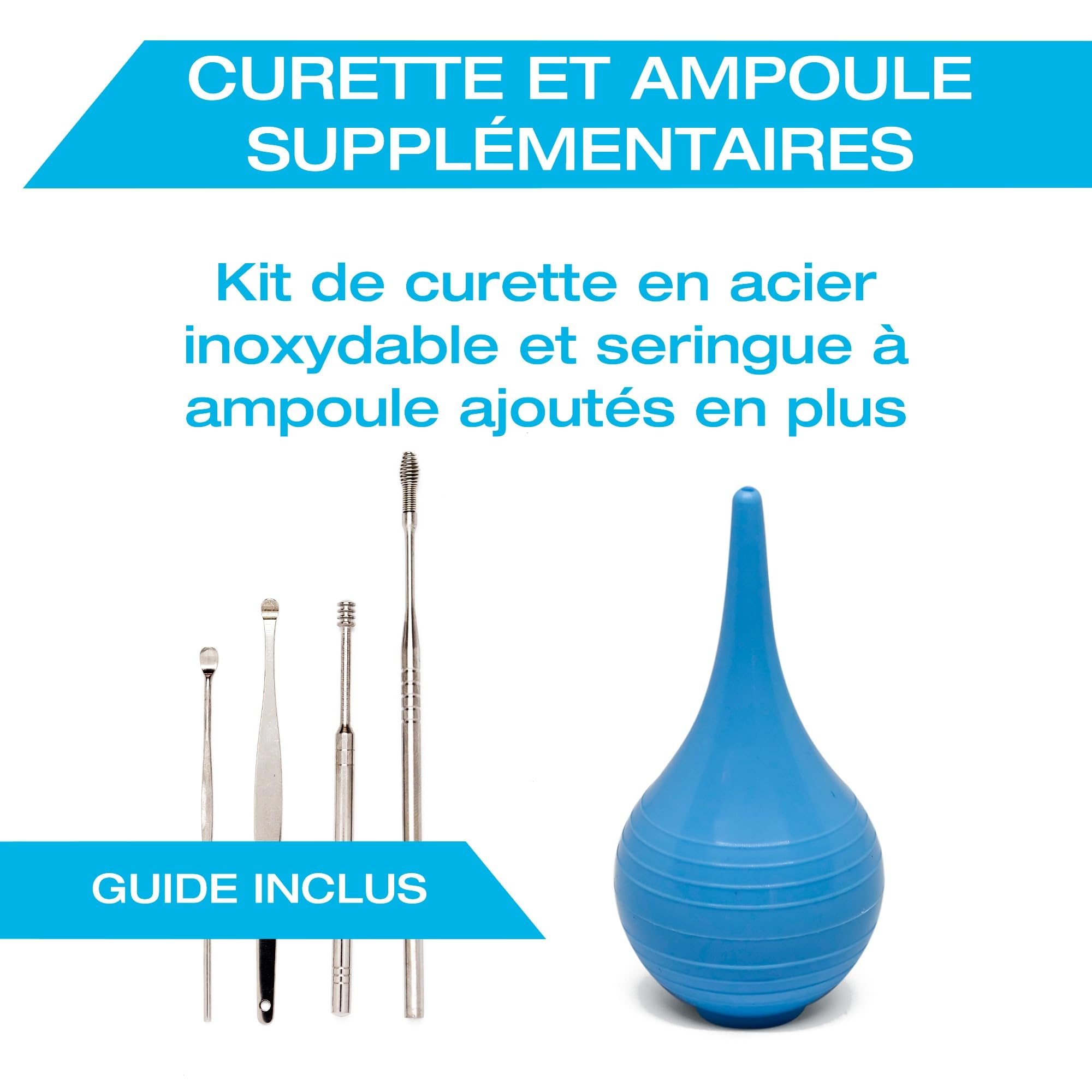 Outil nettoyant d’oreille de Tilcare - Système de rinçage d'irrigation auriculaire pour adultes - Comprend cuvette, seringue à ampoule, trousse de curette, serviette et 30 embouts jetables