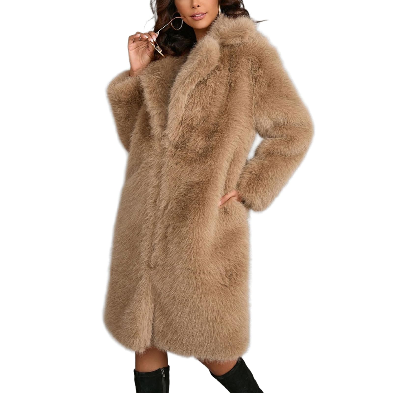 Cappotto Lungo Donna in Pelliccia Sintetica Giacca Calda con Colletto Revers Pelliccia Finta Morbida Maniche Lunghe Elegante Antivento Invernale