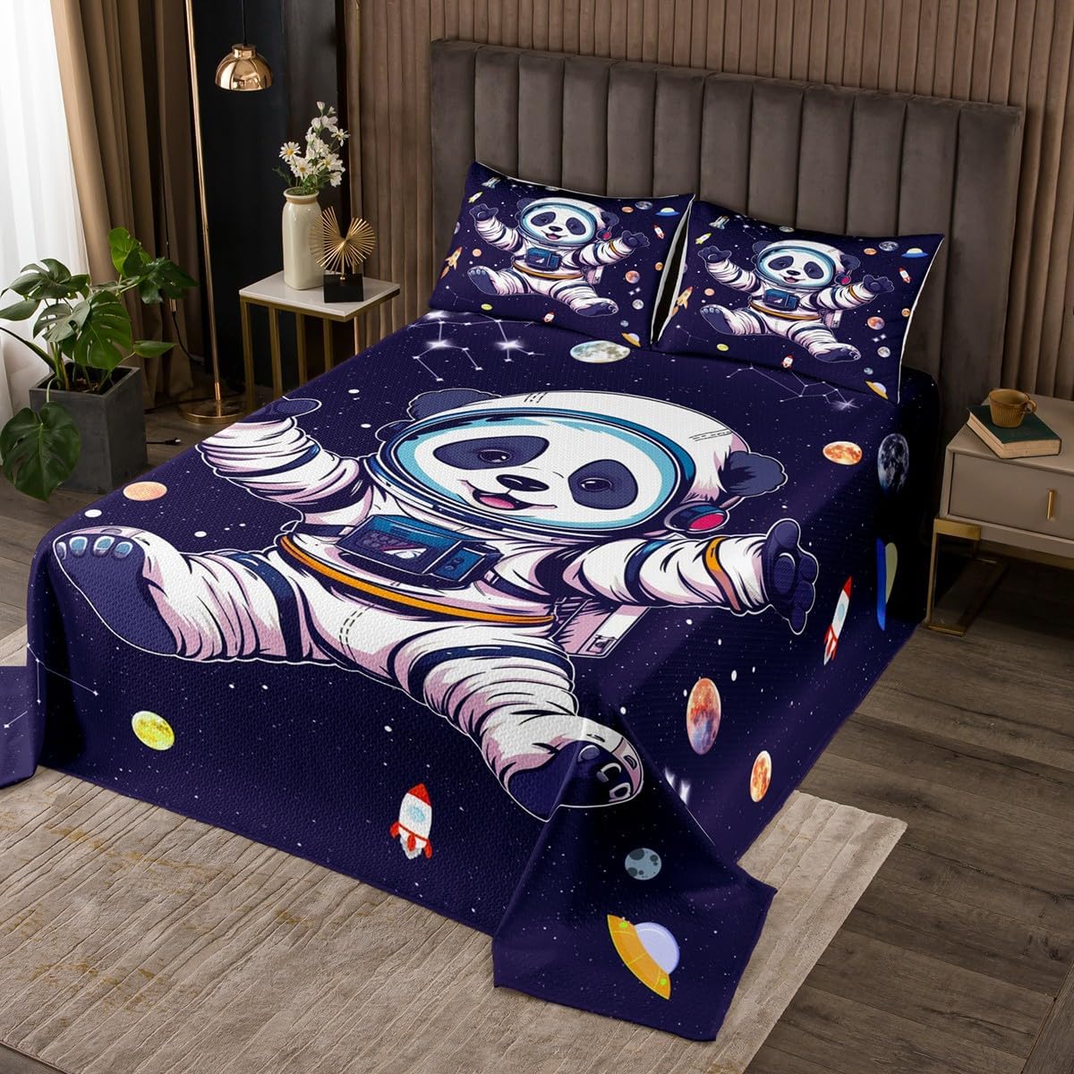 Cartoon Panda Coverlet Set Chic Astronaut Quilted Coverlet Starry Galaxy Rocket Comforter Set Bedspreads Quilt Set for Children Kids Coverlet Set,Twin Size 2 Pcs