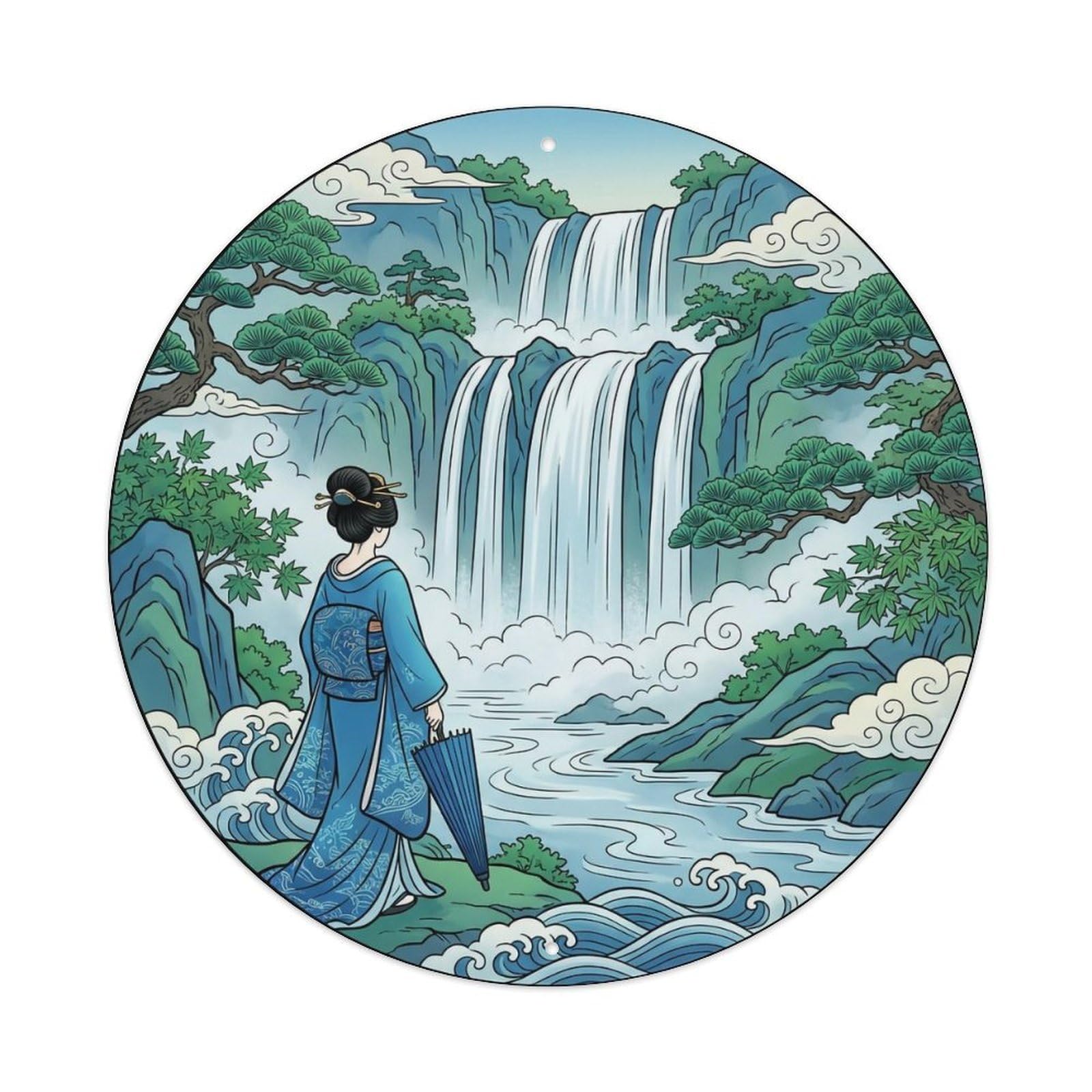 Yrnq 8X8inch Vintage Style Japanese Kimono Lady Mountain Waterfall Picturesque View Metal Tin Sign