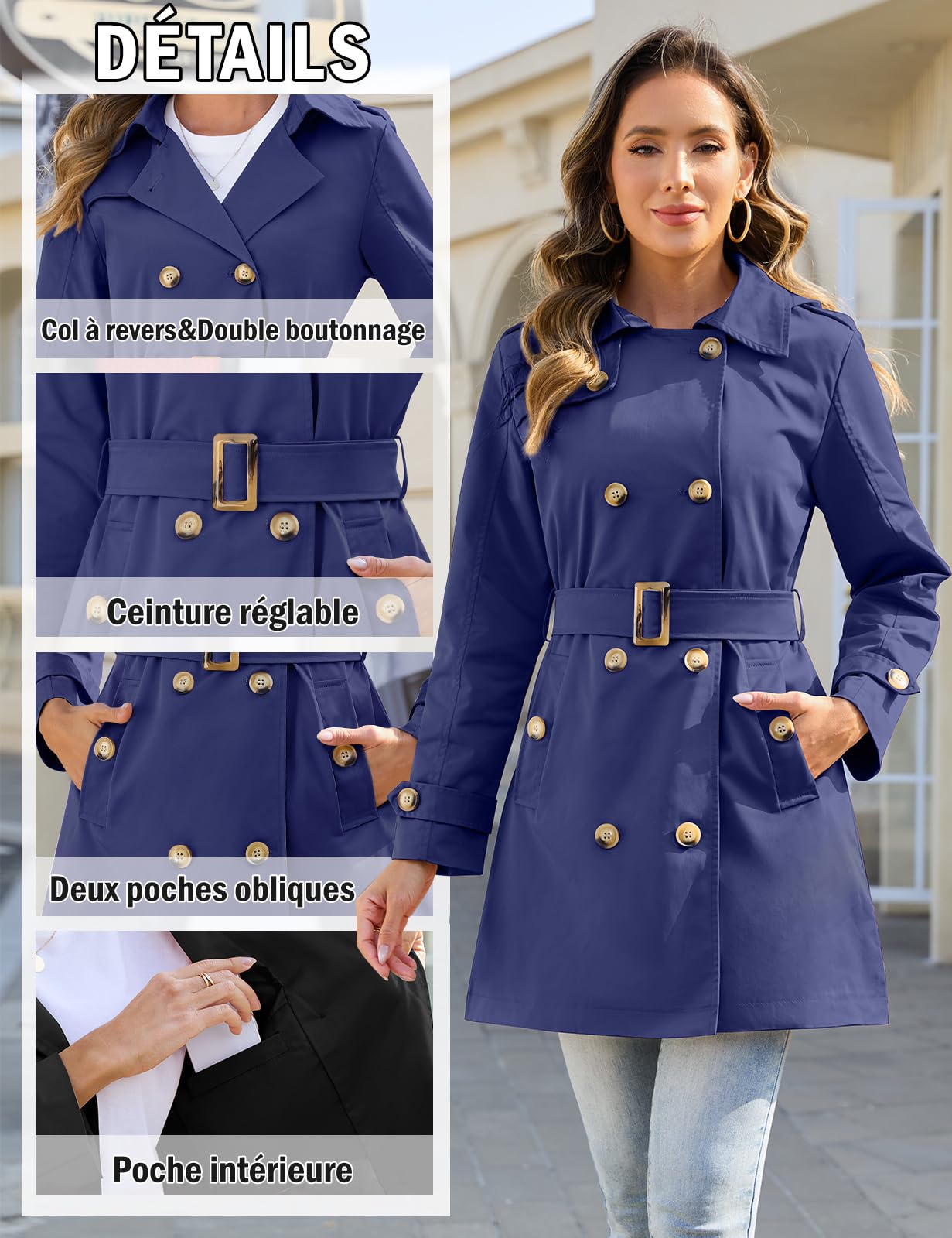 Yuson Girl Trench Coat Femme Double Boutonnage Manteau Classique Coupe Vent Trench Femme Capuche Impermeable Légère Parka mi Saison Casual Vestes Printemps Automne avec Ceinture