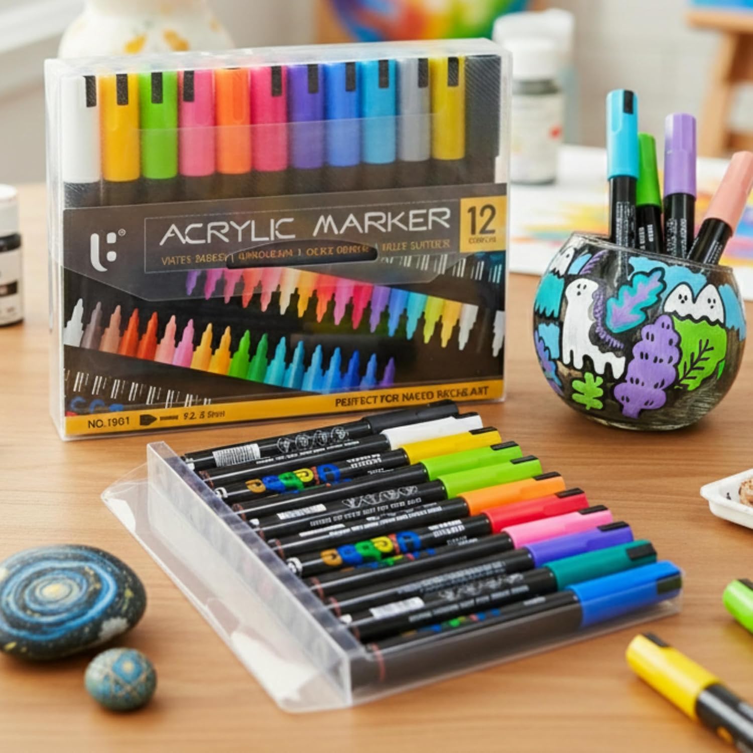 Corslet Big Capacity Acrylic Marker Pens Set of 12 Colors, Water Based Paint Markers with Opaque Quick Dry Ink, Multi Surface Acrylic Pens for Rock Painting Canvas Glass Wood Ceramic Diy Art & Craft