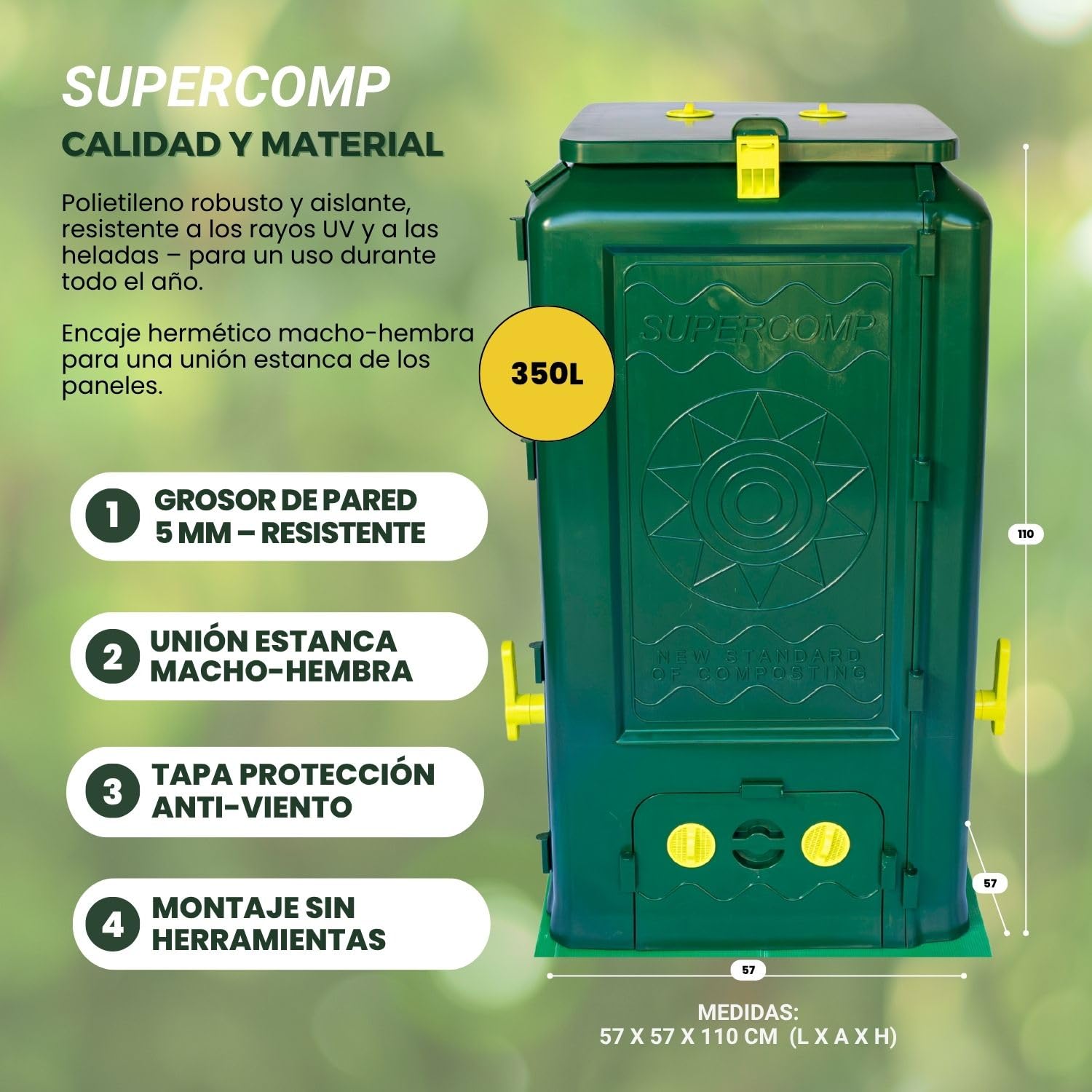 Compostador de Jardín 350L – Protección Total Anti Ratas, Compostaje Sin Malos Olores, Aeración Vertical, Compost Rápido, con Base