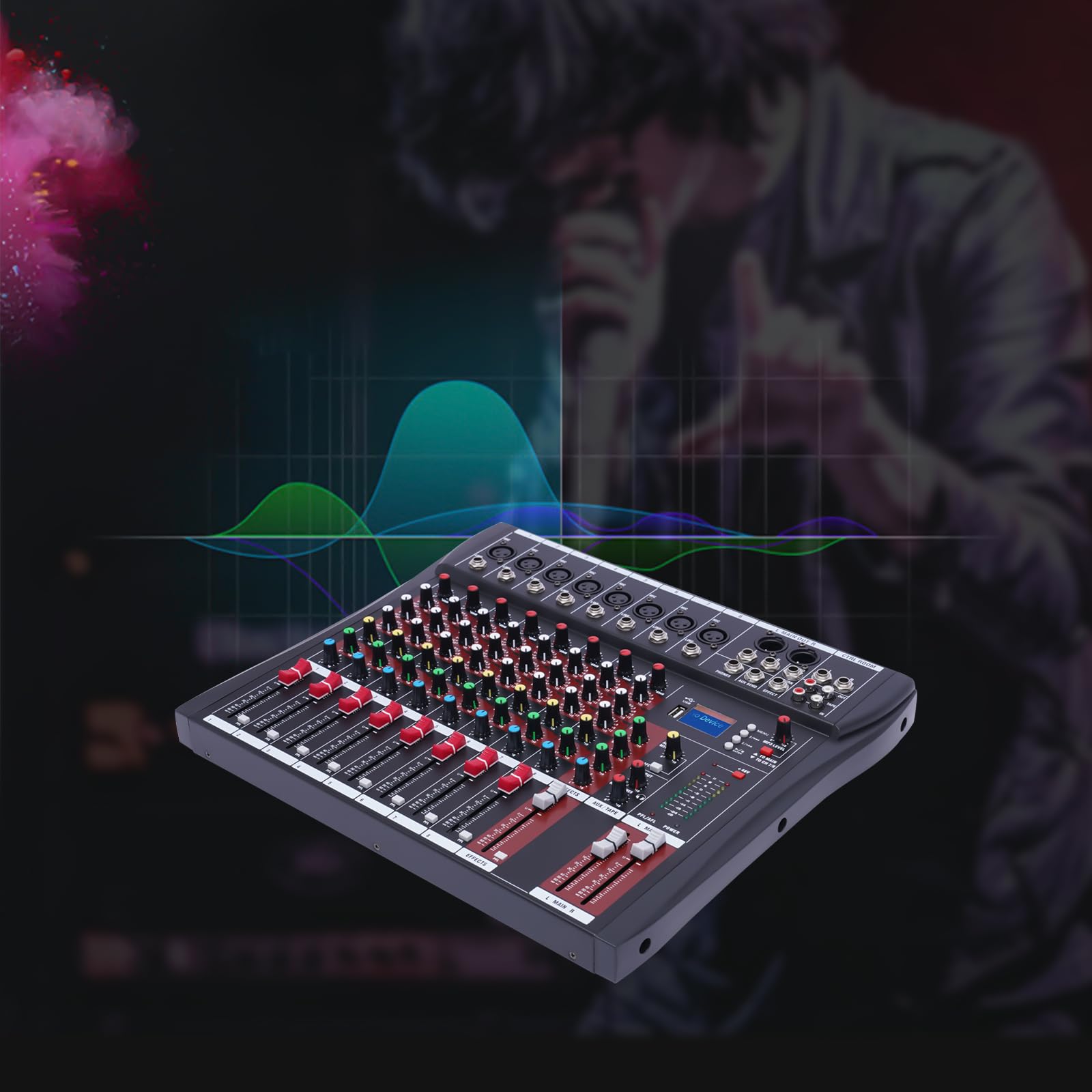 Mixer audio professionale a 8 canali con Bluetooth e USB – mixer DJ con alimentazione phantom da 48 V per registrazioni dal vivo, produzione in studio e attrezzatura DJ
