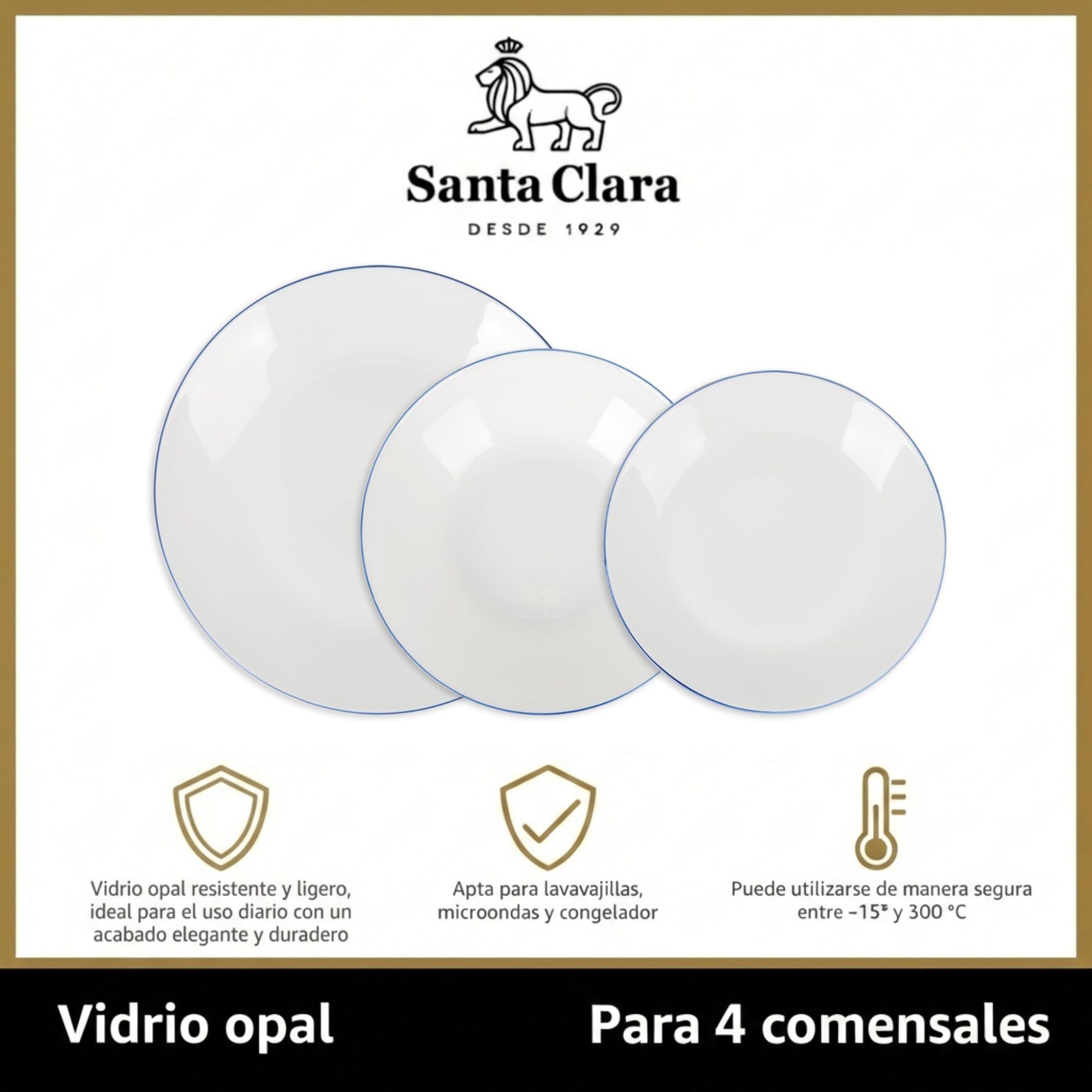 SANTA CLARA | Vajilla Completa 12 Piezas Vidrio Opal para 4 Personas, Apta Microondas y Lavavajillas, Vajilla Amalfi Azul Decorada para Hogar y Cocina