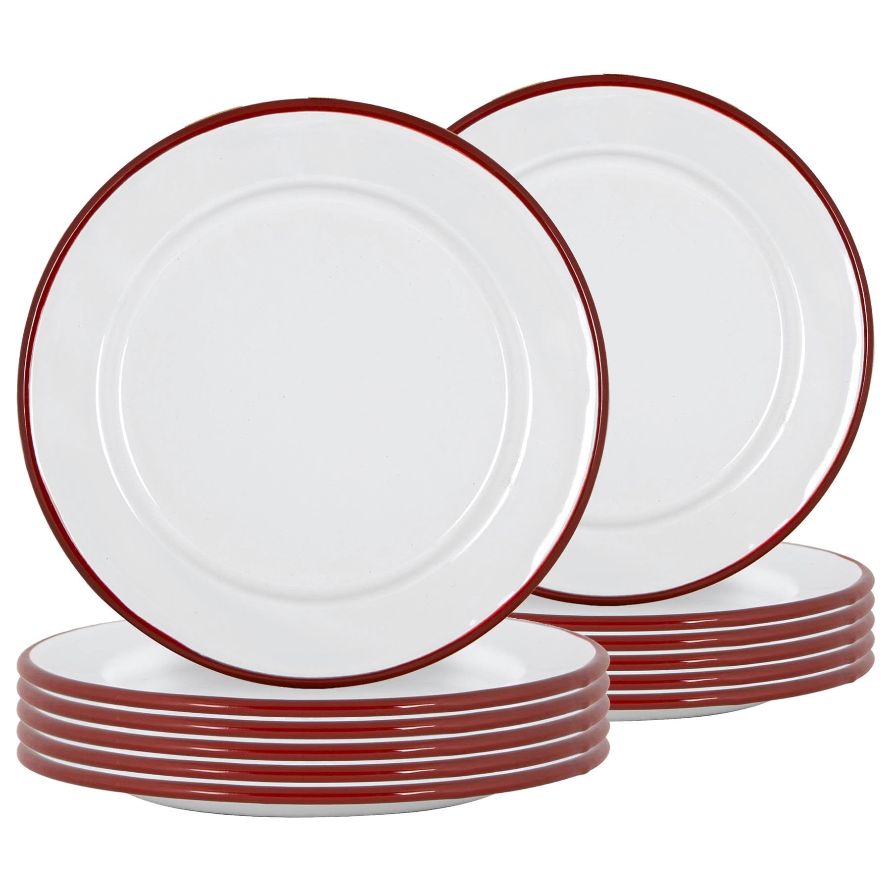 Argon Tableware Enamel Side Plates - 20cm (8inch) - Red - Set of 12 Small Dish Coloured Rim Dessert Plates Metal Enamel Tableware Dinner Set for Kitchen, Dining, Serving, Camping & Outdoor Use