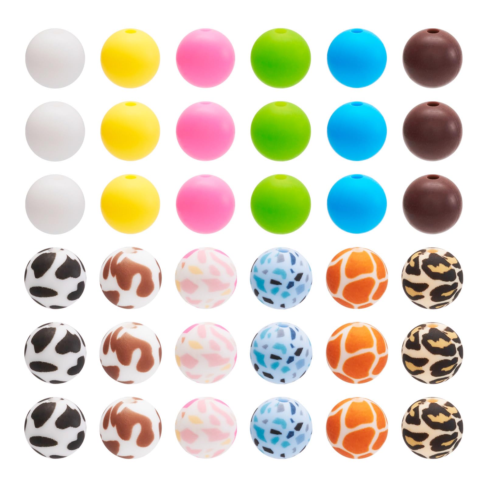 Crafans 108Pcs Leopard Pattern Round Silicone Beads 12 Style Solid Colors/Leopard Round Spacer Beads Rubber Beads Silicone Focus Beads for DIY Bracelet Jewelry Making — image 1