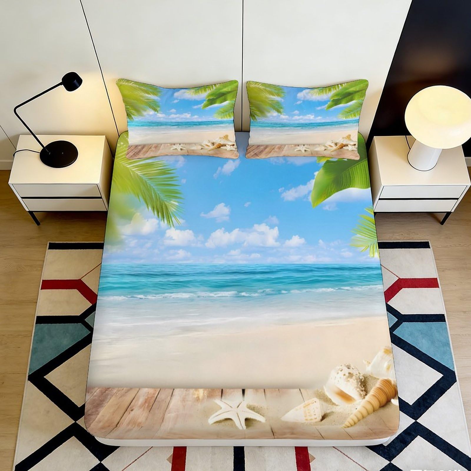 Jqzkxnhpbr Style-1 3D Printed Beach Ocean View Fitted Sheet Microfiber Soft Breathable Palm Coast Mattress Cover Bedroom Decor 90X200x25cm