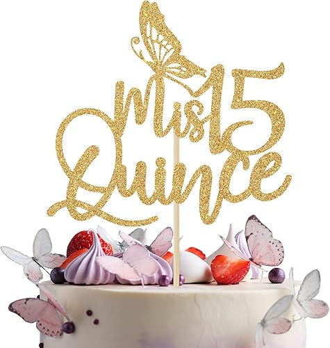 Miniatura 1 de Mis Quince Decoración para tartas con purpurina dorada, decoración de cumpleaños número 15, feliz 15 años, Cheers to 15 años, 1 unidad, amarillo
