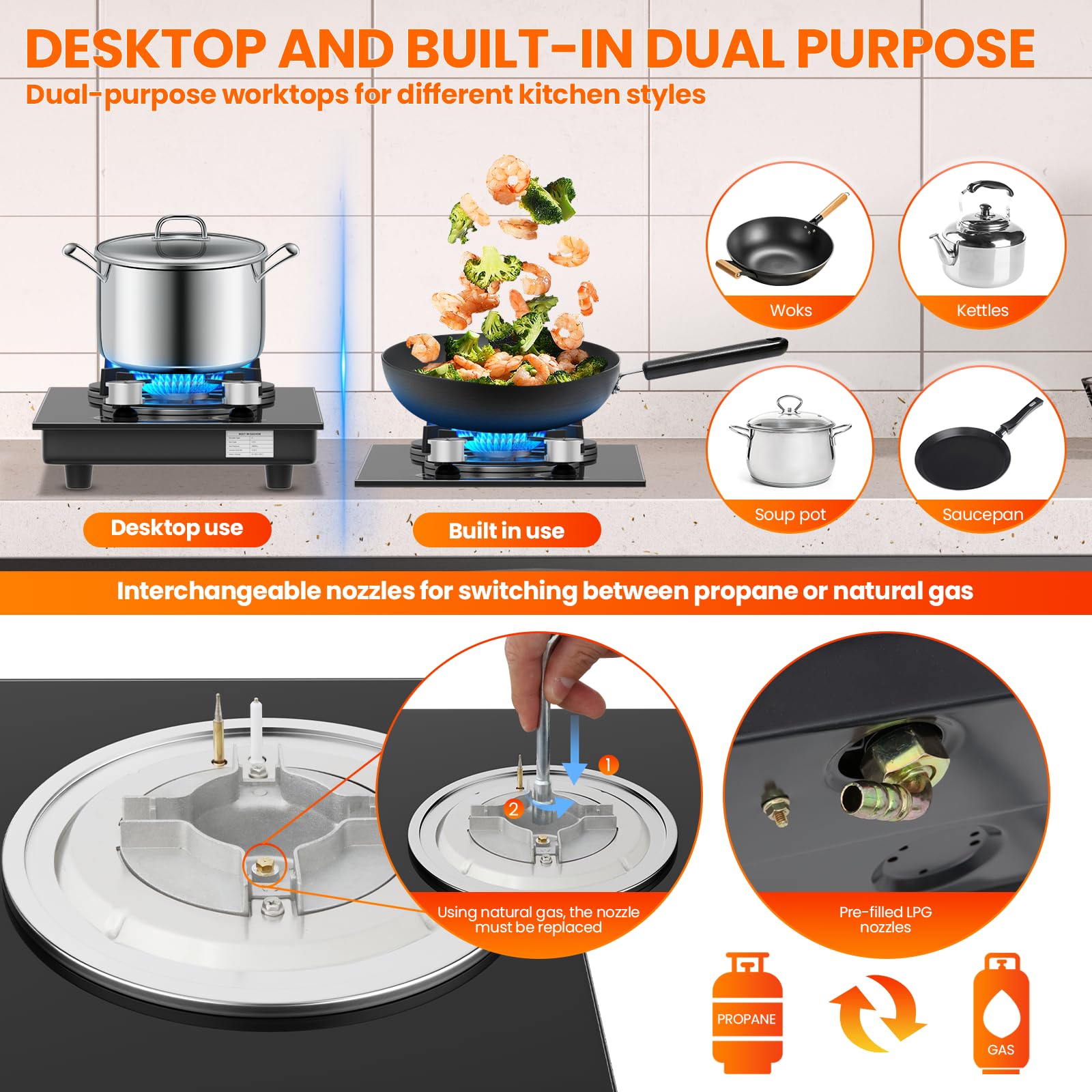 Gas Hob 2 burners, Built in Black Glass Gas Hob with Flame Out Protection,with Cast Iron Supports,NG/LPG Convertible — view 6