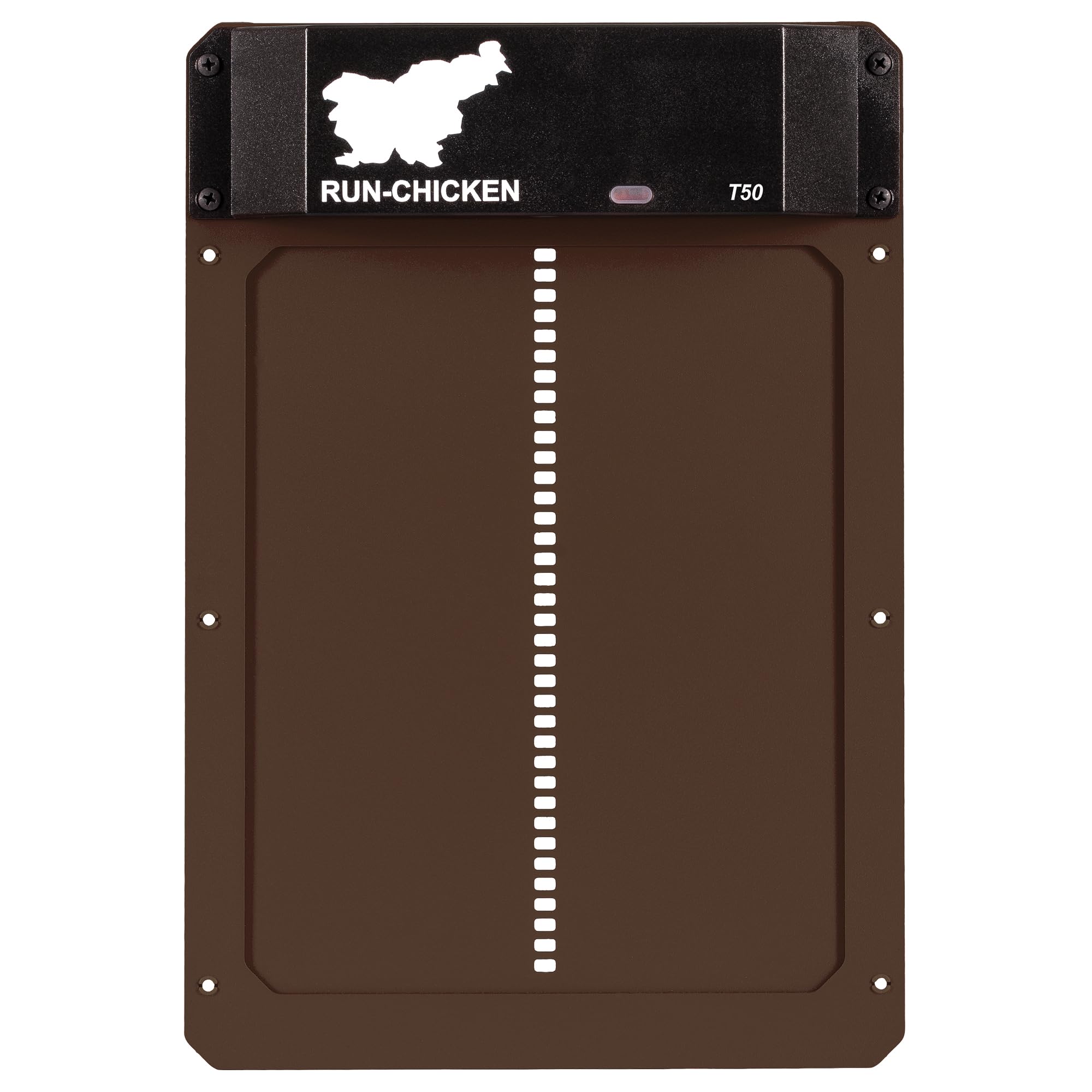 Run‑Chicken Door T50 Brown – Puerta automática marrón para gallineros, Funciona con Pilas AA, Control por App, Sensor de luz, Temporizador con retardo y Aluminio Resistente para Exteriores
